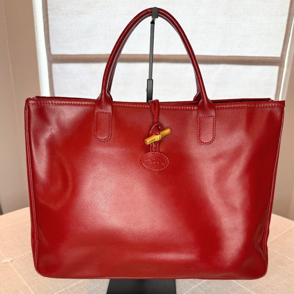 Longchamp Tote Bag - Red Leather Classic Design Double Handles Toggle
